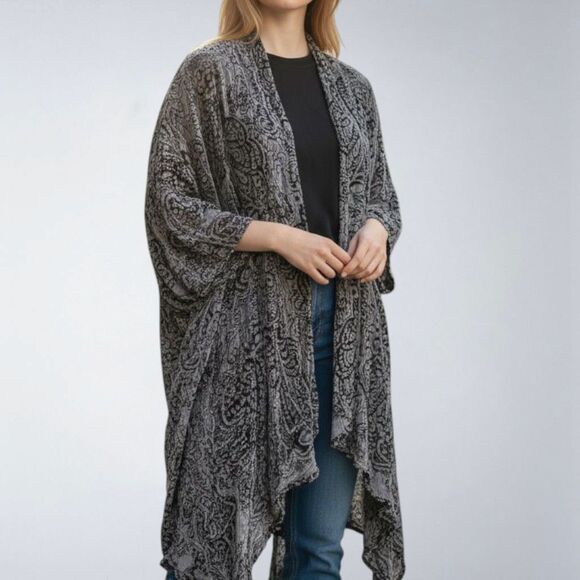 Unbranded Sweaters - Burnout Velvet Paisley Beaded Kimono Duster